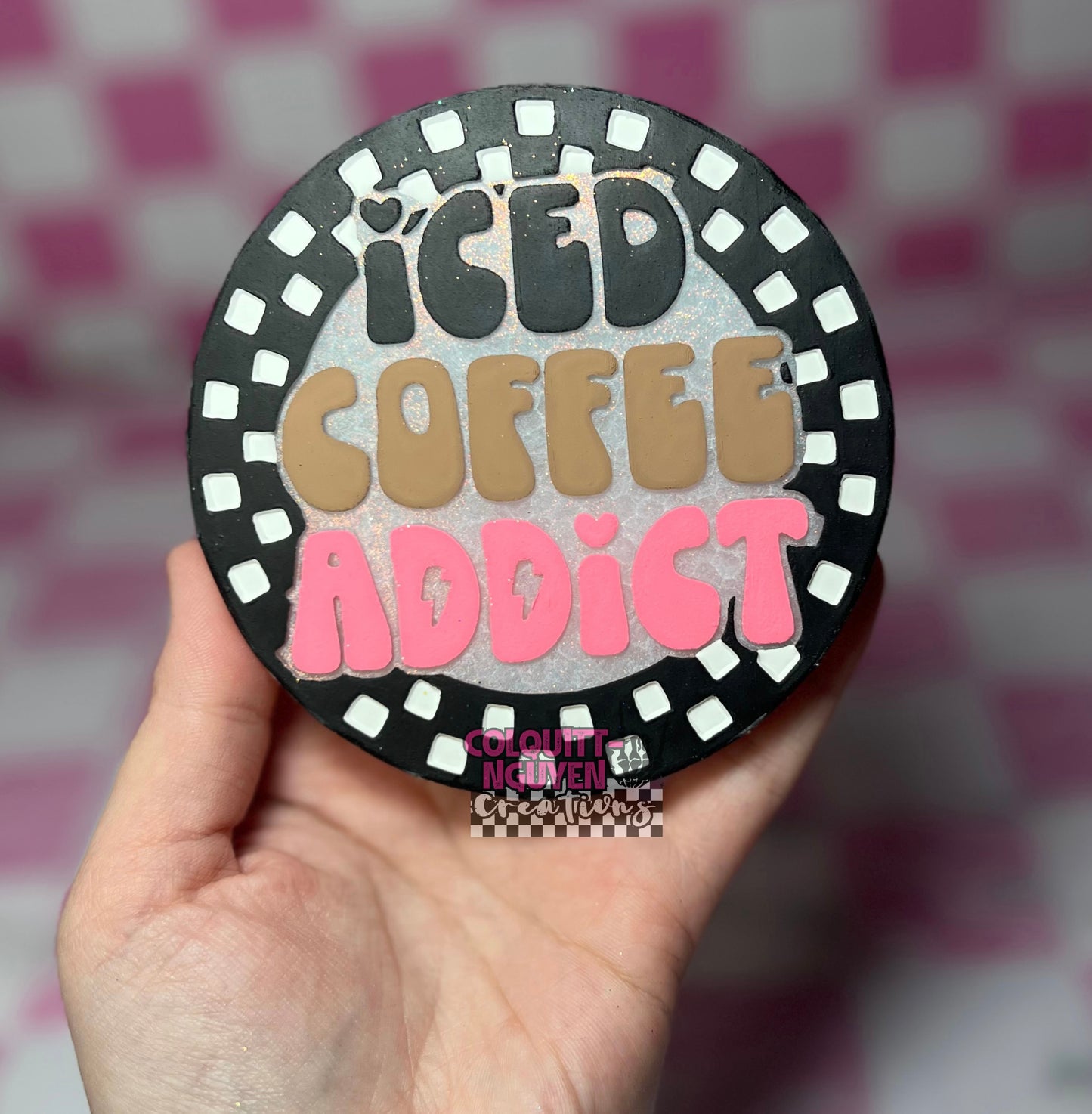 Iced Coffee Addict Checkered Round