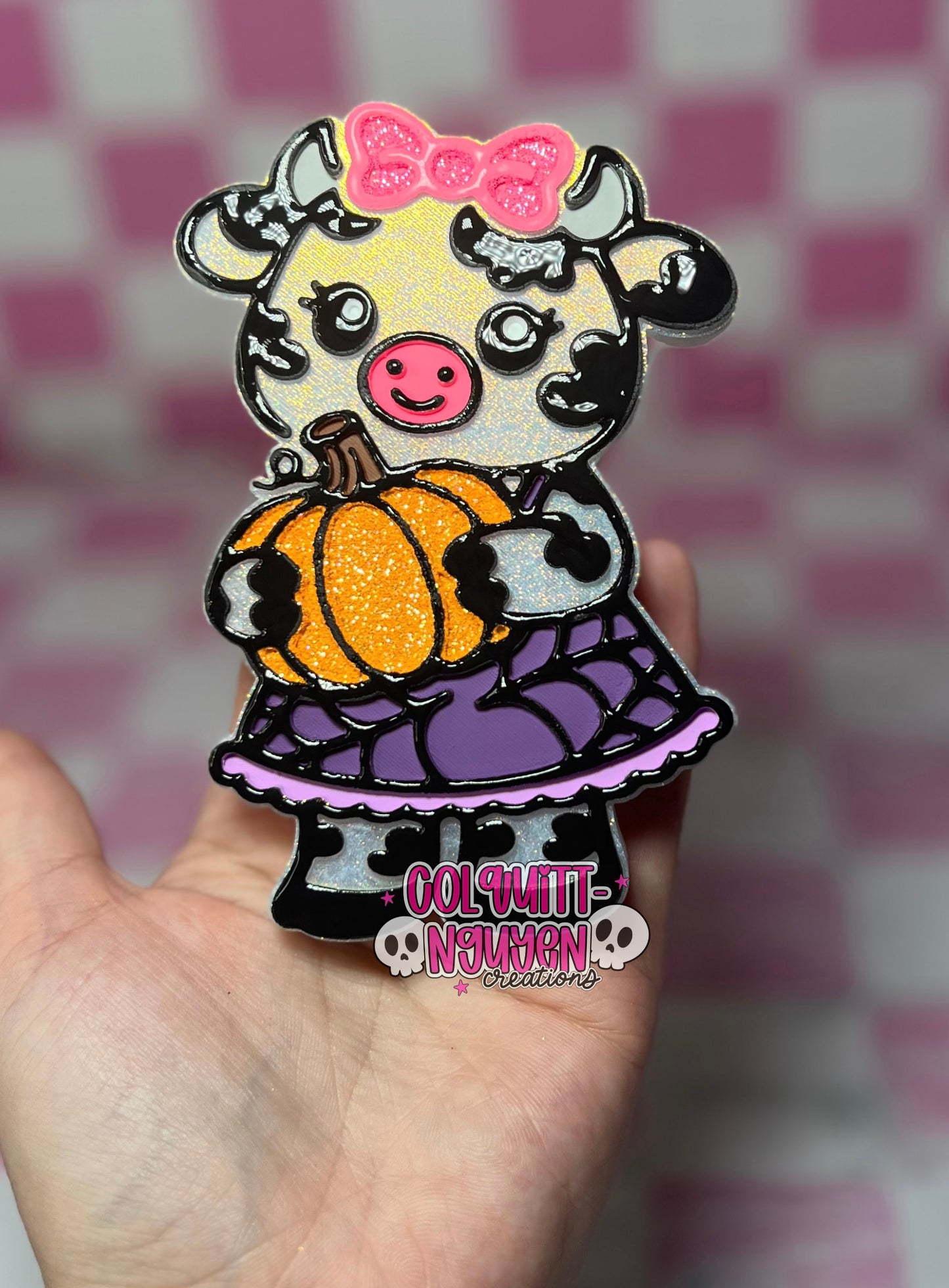 Spiderweb Dress Cow Holding Pumpkin